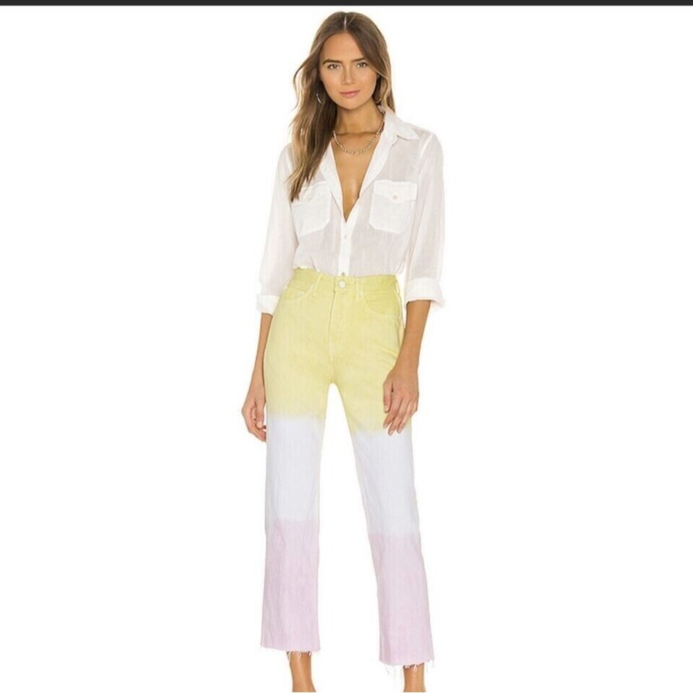 Grlfrnd Mica Crop Color Block Straight Leg Denim Jeans Pink Yellow White 27 New